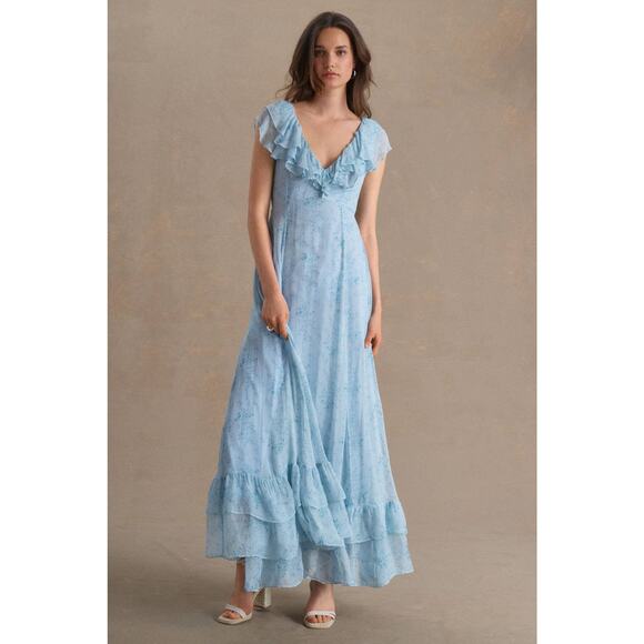 Sachin & Babi Ivy Chiffon Flutter-Sleeve Ruffled V-Neck Gown Dress - 16 W Blue
